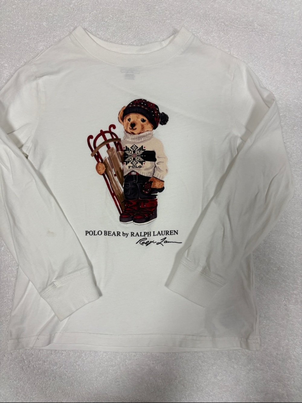 Ralph Lauren Kids White Polo sled Bear Long Sleeve Graphic Tee girls 7